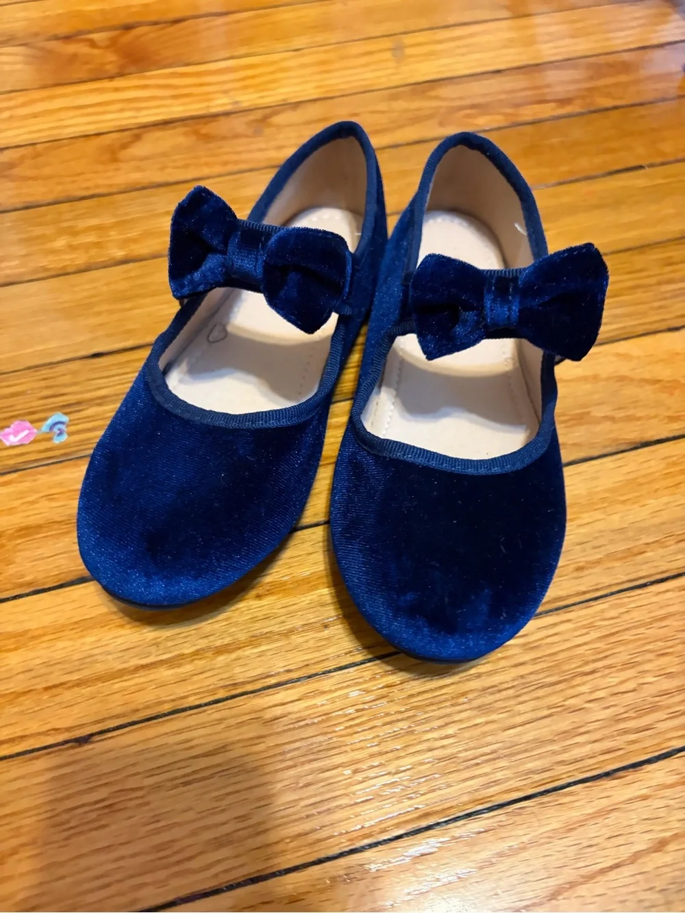 Girls Navy Velvet Bow Mary Jane Flats